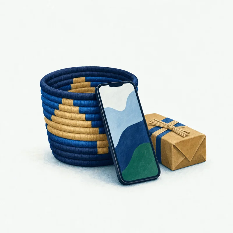 Illustration of a phone and a parcel beside a woven basket.